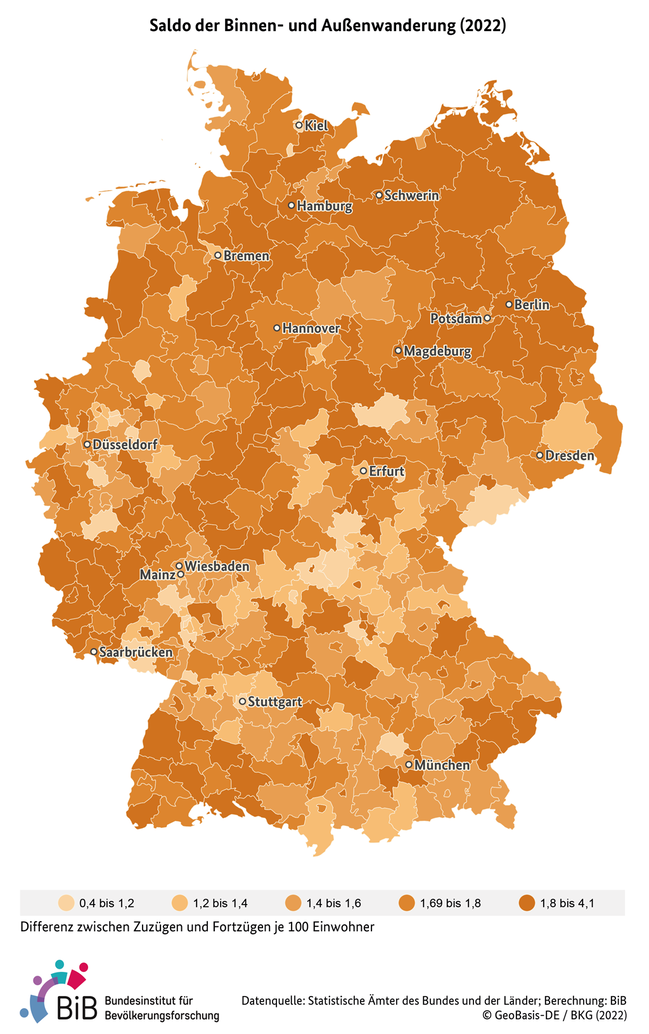 Karte zum Wanderungssaldo je 100 Einwohner in Deutschland auf Kreisebene im Jahr 2022 (verweist auf: Wanderungssaldo je 100 Einwohner in Deutschland (Kreisebene, 2022))