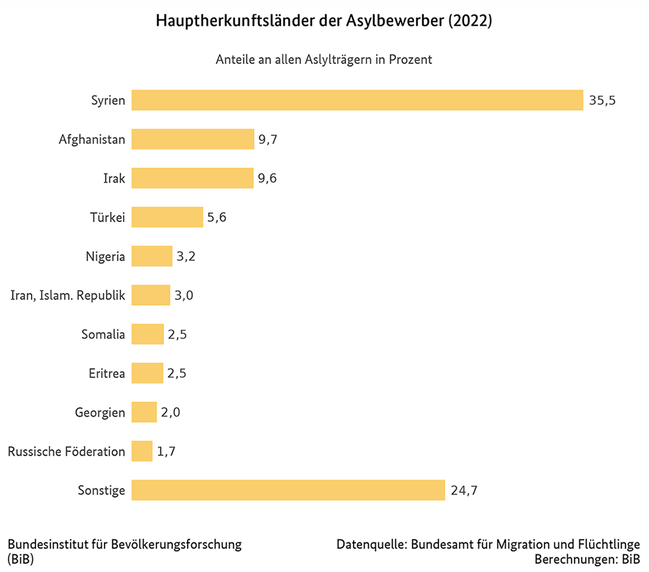 Diagramm der Hauptherkunftsl&#228;nder der Asylbewerber in Deutschland, 2022 (Anteile in Prozent) (verweist auf: Hauptherkunftsländer der Asylbewerber in Deutschland (2022))