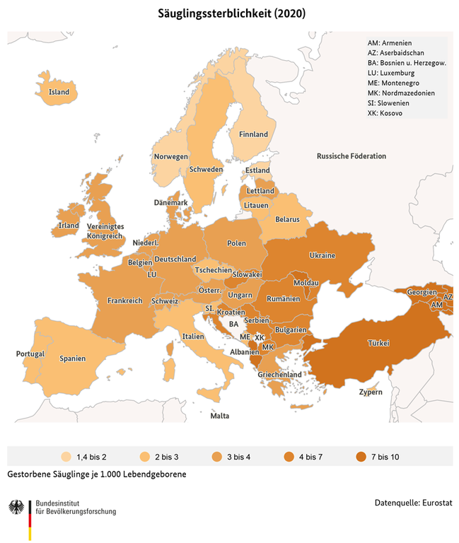 Karte zur S&#228;uglingssterblichkeit in europ&#228;ischen und angrenzenden L&#228;ndern (2020) (verweist auf: Säuglingssterblichkeit in europäischen und angrenzenden Ländern (2020))