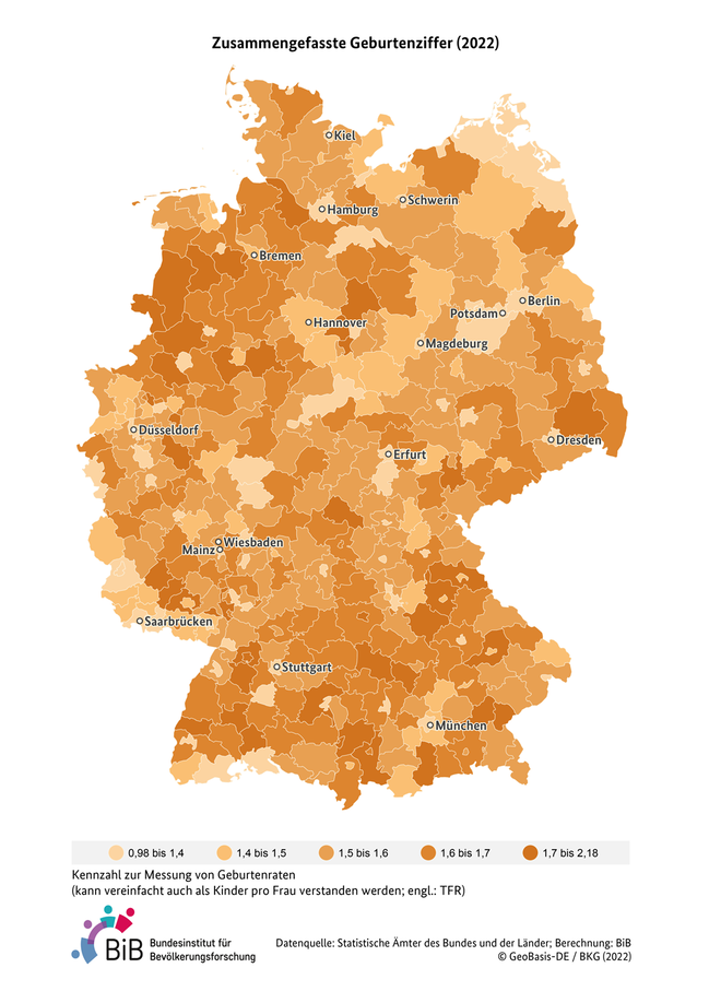 Karte zur zusammengefassten Geburtenziffer (TFR) in Deutschland auf Kreisebene im Jahr 2020 (verweist auf: Zusammengefasste Geburtenziffer (TFR) in Deutschland (Kreisebene, 2020))