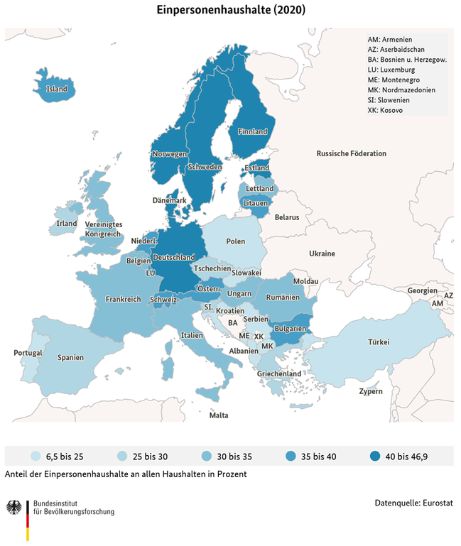 Karte: Prozentualer Anteil der Einpersonenhaushalte an allen Haushalten in europ&#228;ischen und angrenzenden L&#228;ndern (2020) (verweist auf: Anteil der Einpersonenhaushalte an allen Haushalten in europäischen und angrenzenden Ländern (2020))