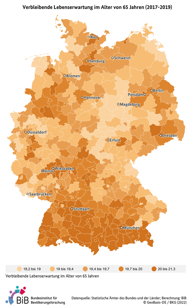 Karte der Lebenserwartung 65-J&#228;hriger in Deutschland auf Kreisebene der Jahre 2015-2017 (verweist auf: Lebenserwartung 65-Jähriger in Deutschland (Kreisebene, 2015-2017))